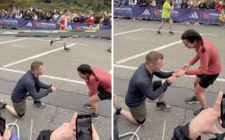A loved-up runner proposed to his stunned longtime girlfriend just before they both completed a marathon together in personal best times