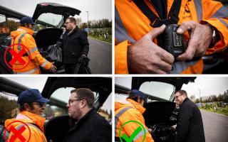 FCC Environment***..Filming takes place to create a short video demonstrating how staff members at FCC waste recycling centres should be treated by members of the public. Pontypool, Wales. 30 October 2019..