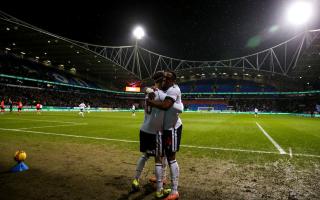 Bolton Wanderers' Dion Charles celebrates scoring his side's second goal with Victor Adeboyejo, only for it to be ruled offside