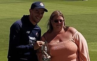 Tracey Brooks with Lancashire's George Lavelle after winning a Lancashire Cricket Community Unsung Hero award last year. Picture courtesy of NWCL