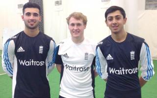 RISING STARS: Bolton's Haseeb Hameed, right, and Matt Parkinson, centre, with Rochdale’s Saqib Mahmood at their masterclass with Alastair Cook