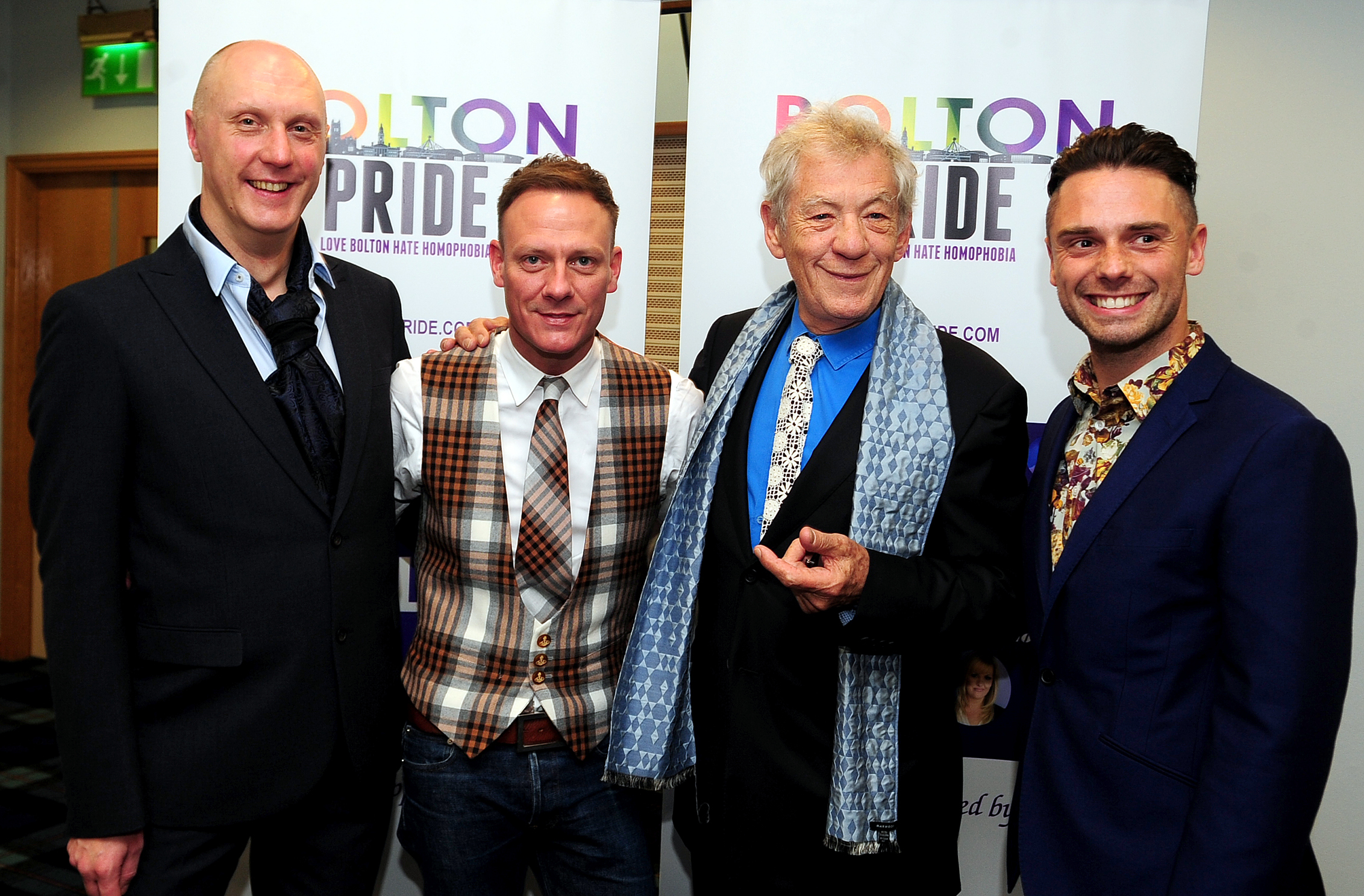 From left are Mark Geary, Polton Pride Director, Anthony Cotton, Sir Ian McKellen and James Edgington..Bolton Pride launch night Gala Dinner held at The Macron Stadium. Photo by Nigel Taggart, Newsquest Ltd, Friday October 16, 2015.